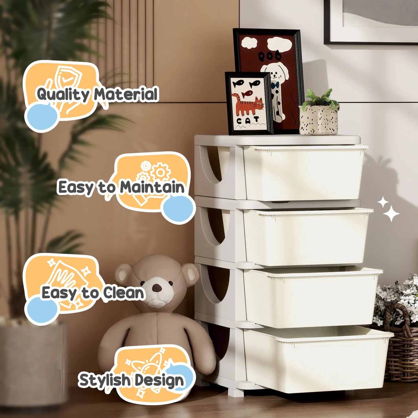 4 Tier Kids Toy Organizer, 4 Plastic Drawers, Cream White Baby & Kids Storage at Gallery Canada