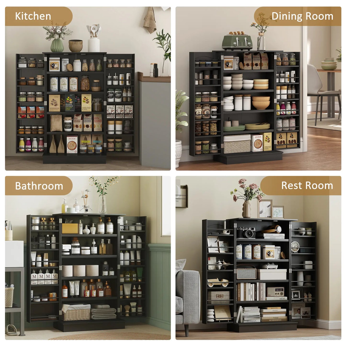 41" Storage Cabinet, 2-Door Kitchen Pantry, 5-Tier Shelving, Black Kitchen Pantry Cabinets at Gallery Canada