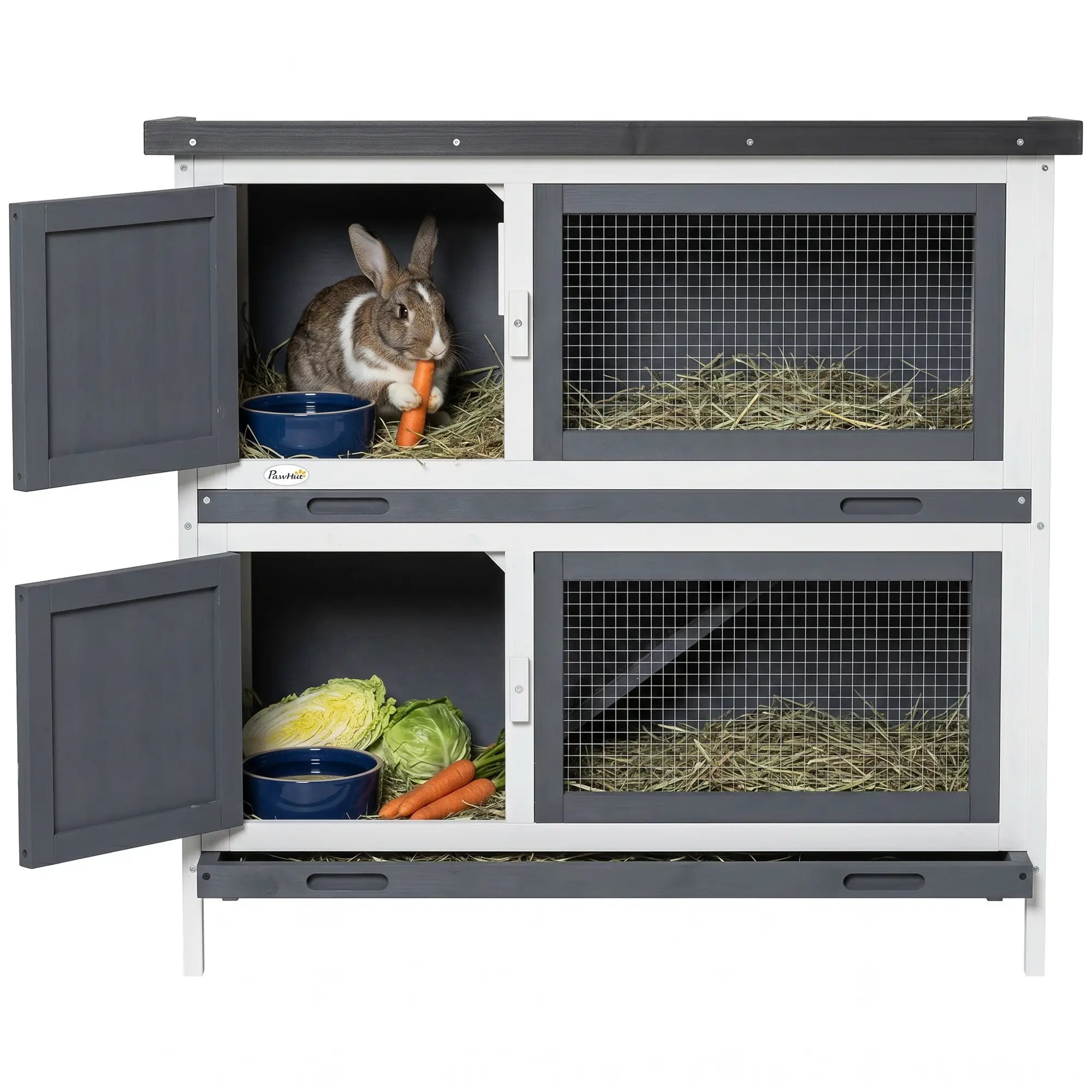 Wood Rabbit Hutch, 2 Large Main House, Ramp, Trays, Grey Rabbit Hutch at Gallery Canada