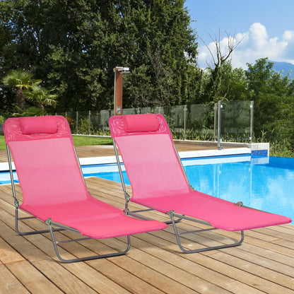 Set of 2 Folding Chaise Lounge Chairs, Outdoor, Reclining, Pink