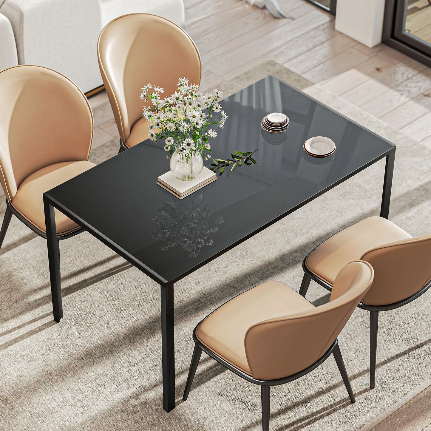 Rectangular Kitchen Table For 4 People, Tempered Glass Tabletop, Black Dining Tables at Gallery Canada