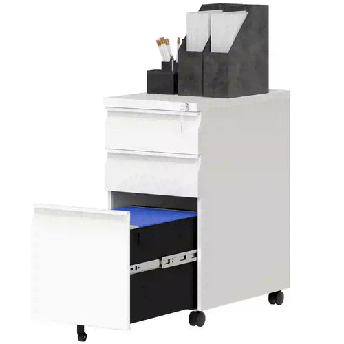 3 Drawer Steel Filing Cabinet with Lock, Hanging Bar, White