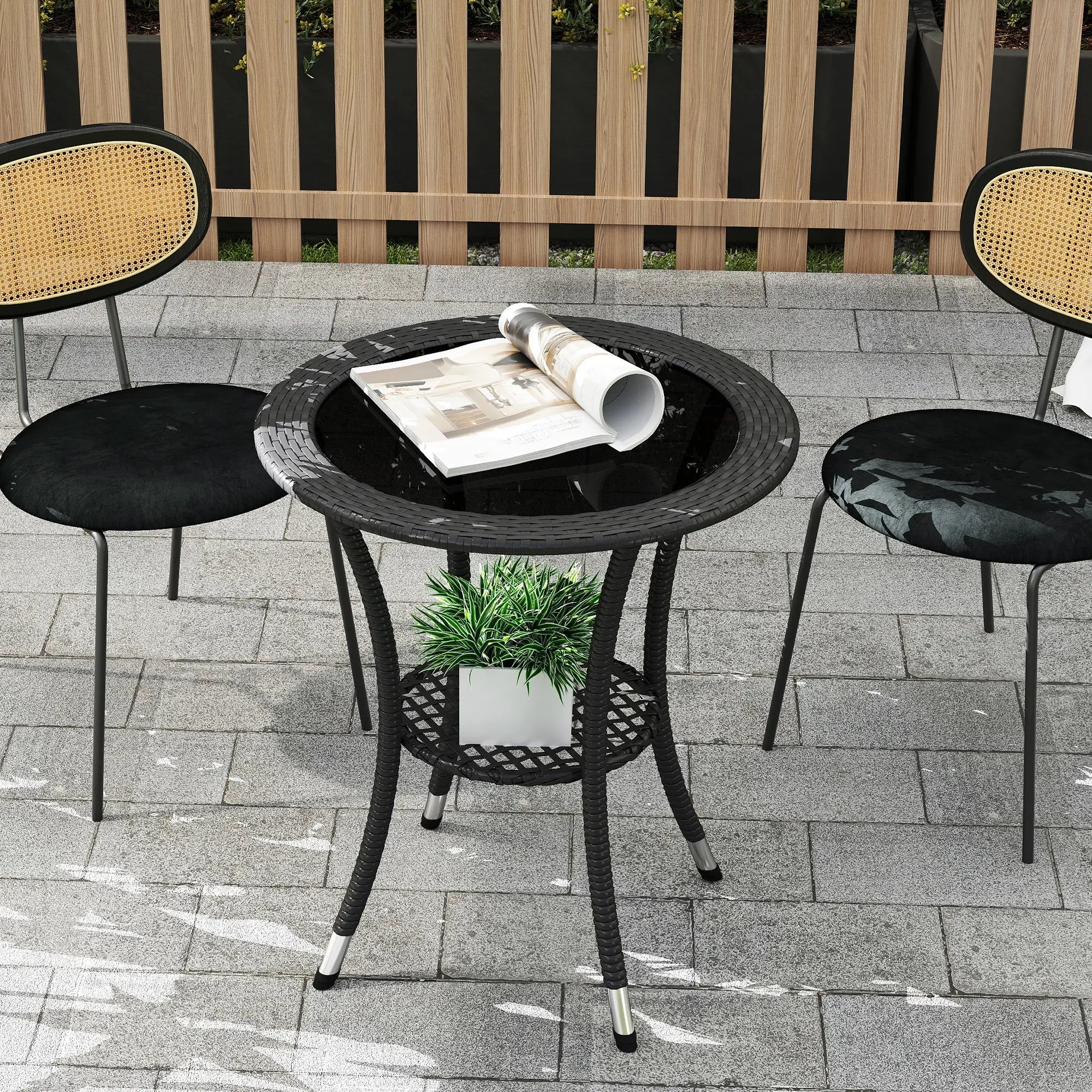 Outdoor Rattan Dining Table, Round Coffee Table with 2-Tier Shelf, Black Patio Dinning Tables at Gallery Canada