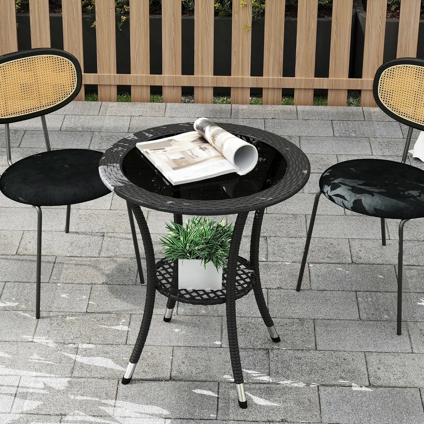 Outdoor Rattan Dining Table, Round Coffee Table with 2-Tier Shelf, Black Patio Dinning Tables at Gallery Canada
