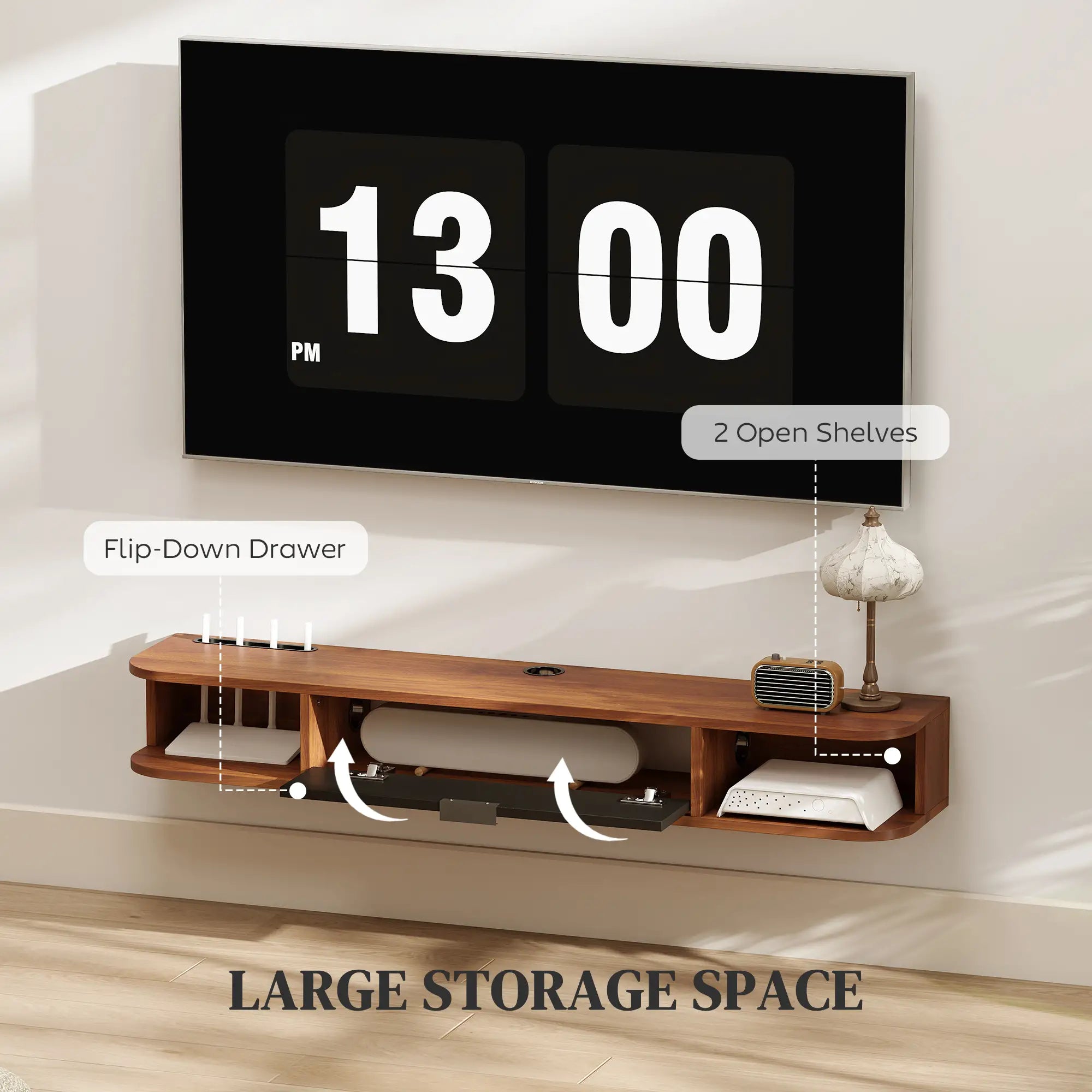 47 Inch Floating TV Stand, Wall Mounted Media Console, Flip Drawer, 2 Open Shelves, Walnut TV Stands at Gallery Canada