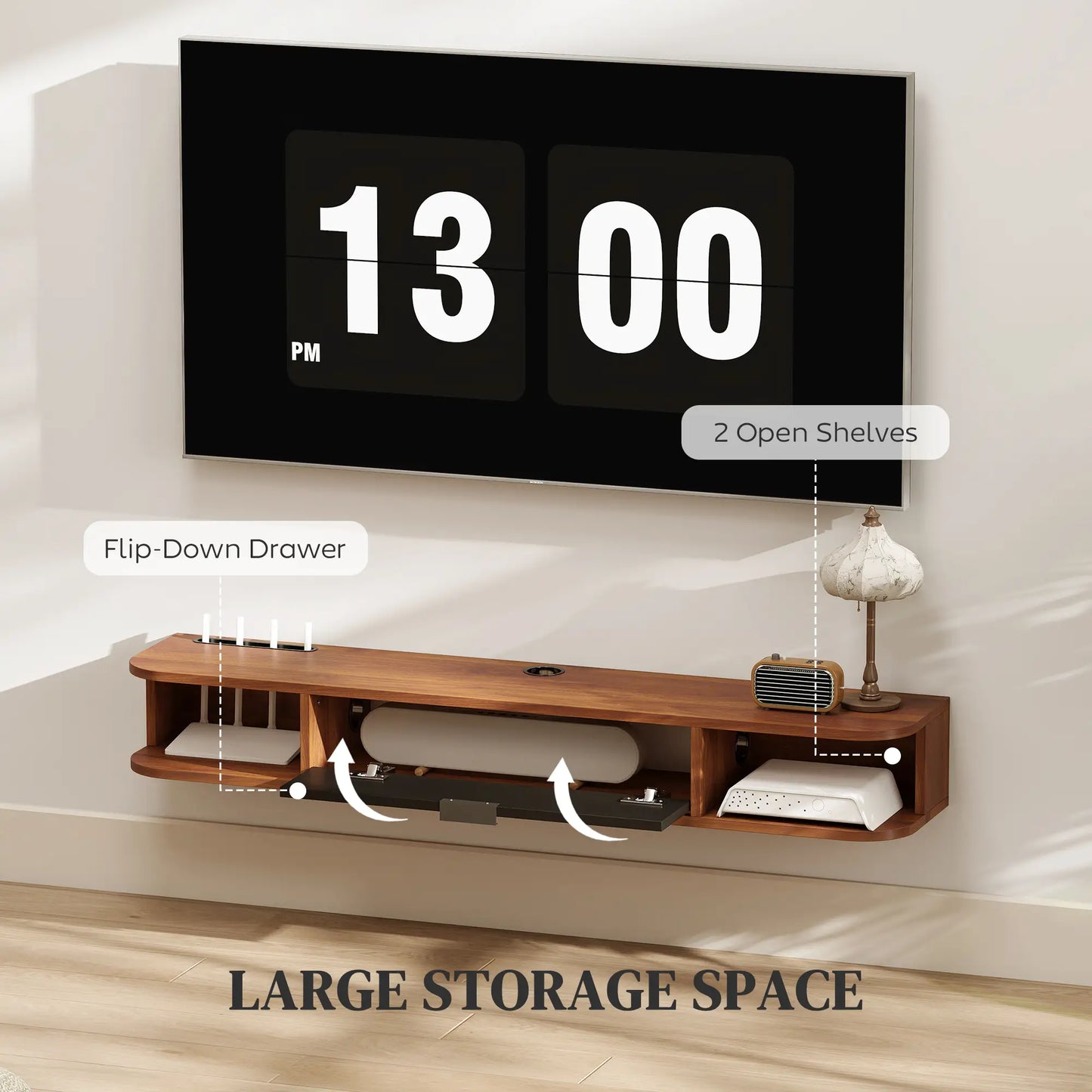 47 Inch Floating TV Stand, Wall Mounted Media Console, Flip Drawer, 2 Open Shelves, Walnut TV Stands at Gallery Canada