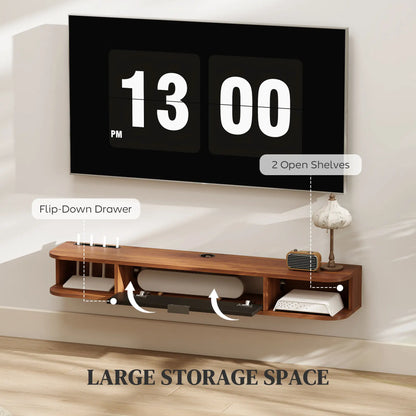 47 Inch Floating TV Stand, Wall Mounted Media Console, Flip Drawer, 2 Open Shelves, Walnut TV Stands at Gallery Canada