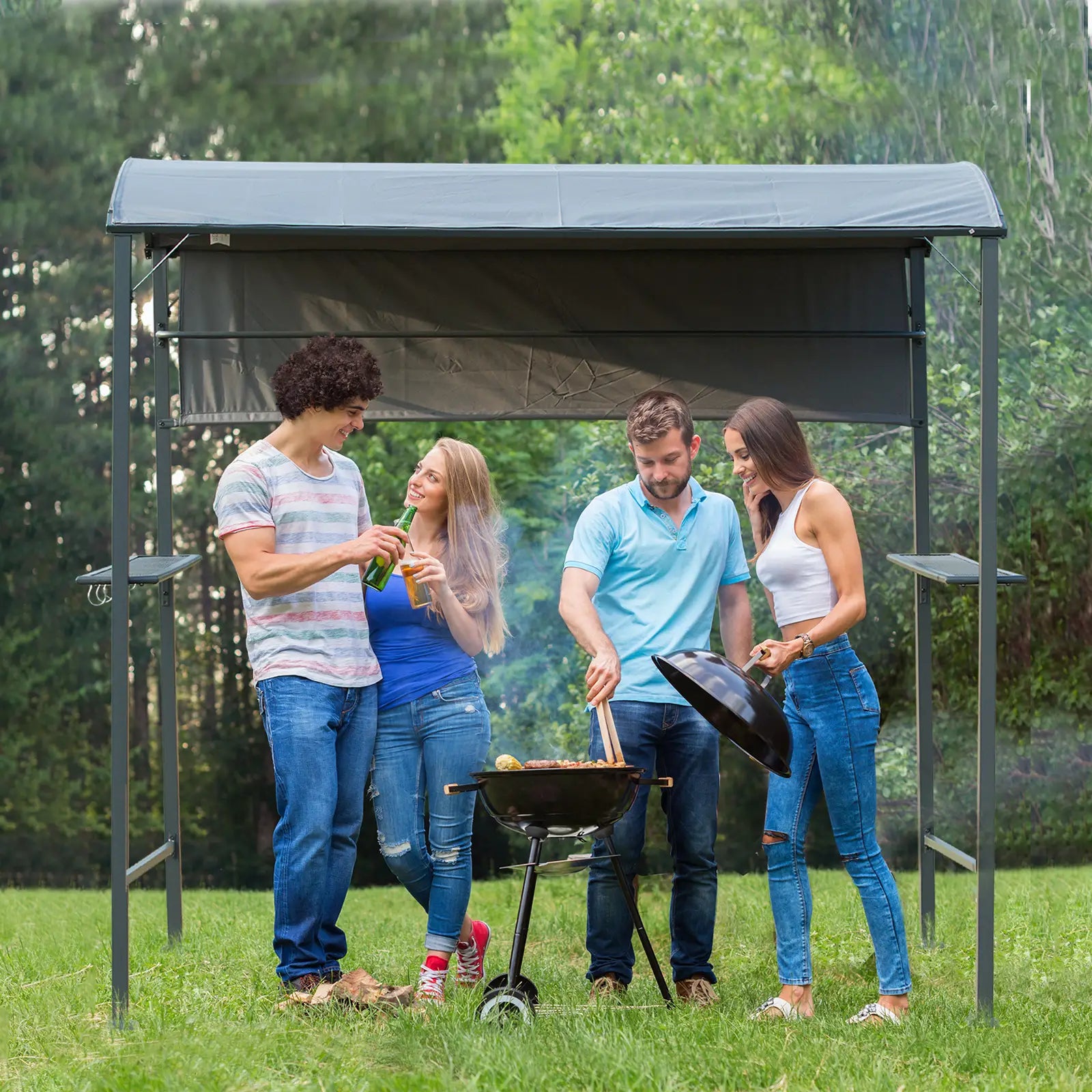 7x4.5ft Outdoor BBQ Gazebo, Metal Frame, With Side Awning, Shelves, Hooks, Grey BBQ Grill Gazebos at Gallery Canada