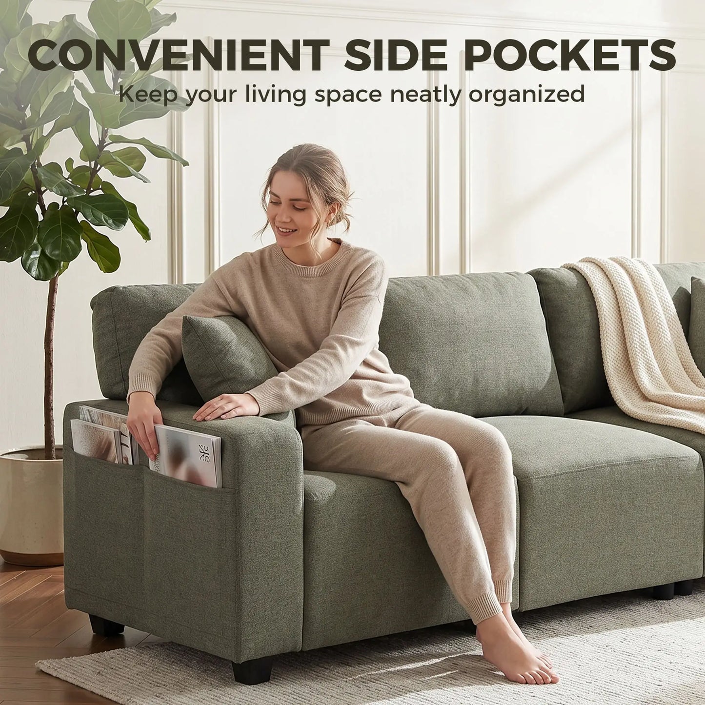 3 Seater Sofa With Storage Pockets, Modern Upholstered Couch, Green