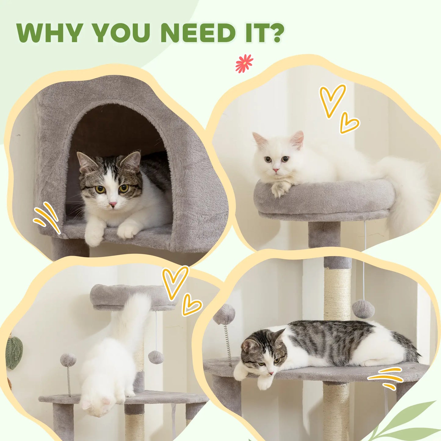 54 Inch Cat Tree, Large Condo, Top Perch, Sisal Posts, Dangling Toy, Light Grey Cat Trees at Gallery Canada