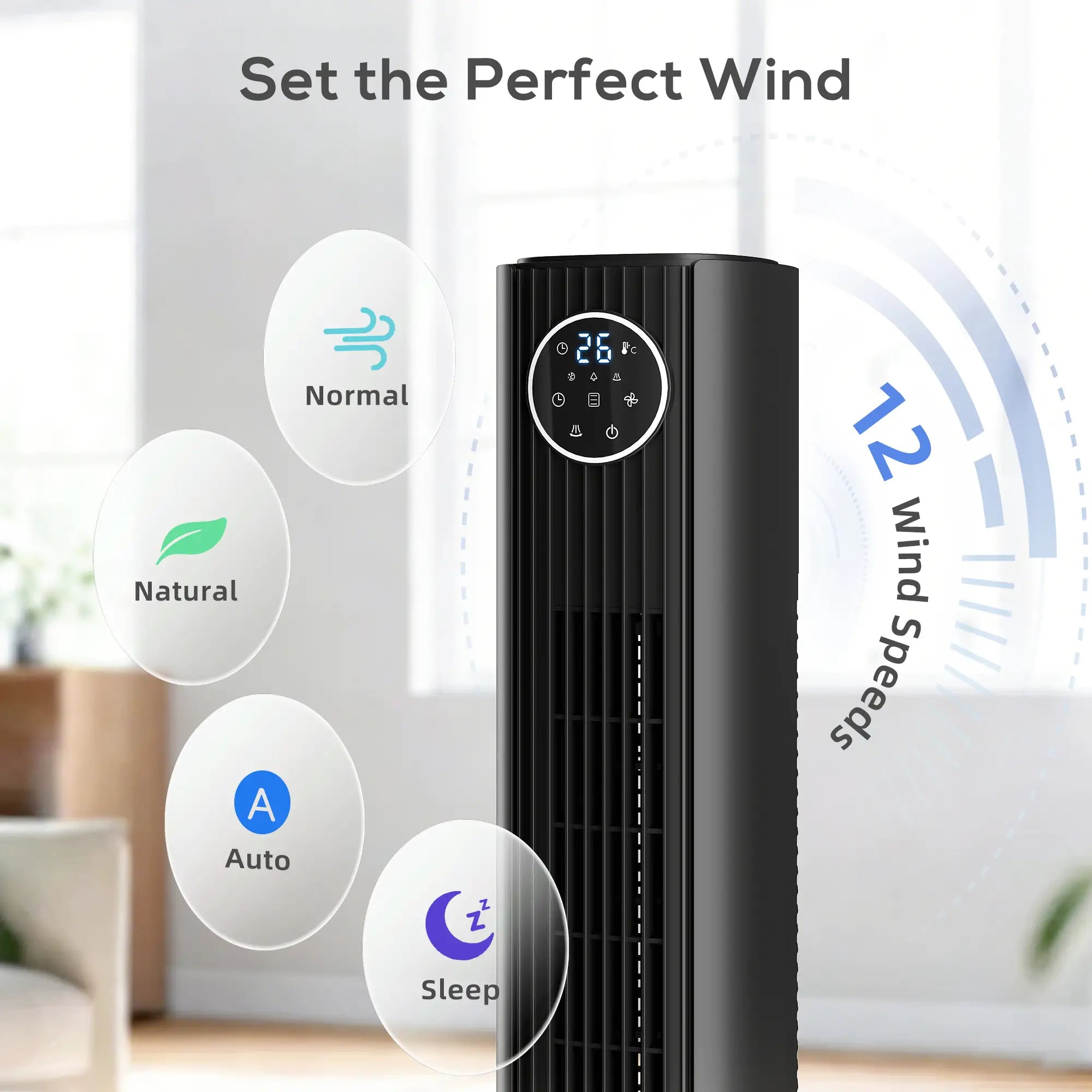 28dB Tower Fan, 12 Speeds, 4 Modes, 80° Oscillating, 12H Timer, Black Tower Fans at Gallery Canada