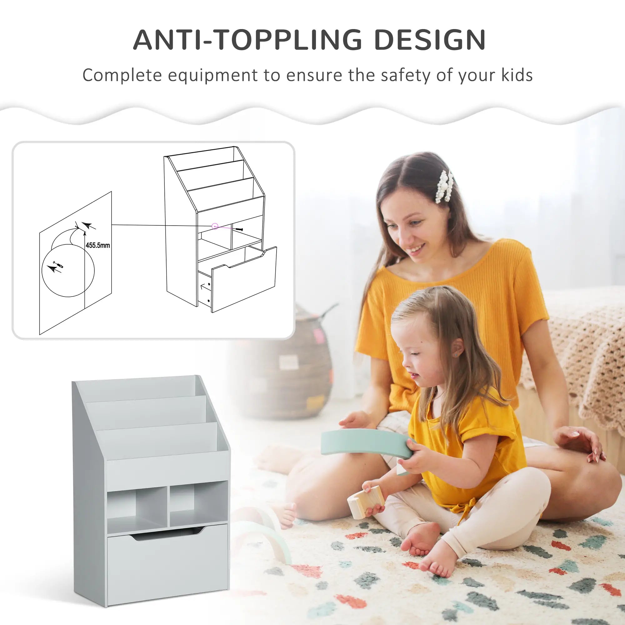 Kids Bookcase, Multi-Shelf Organizer with Drawer, Grey Baby & Kids Storage at Gallery Canada