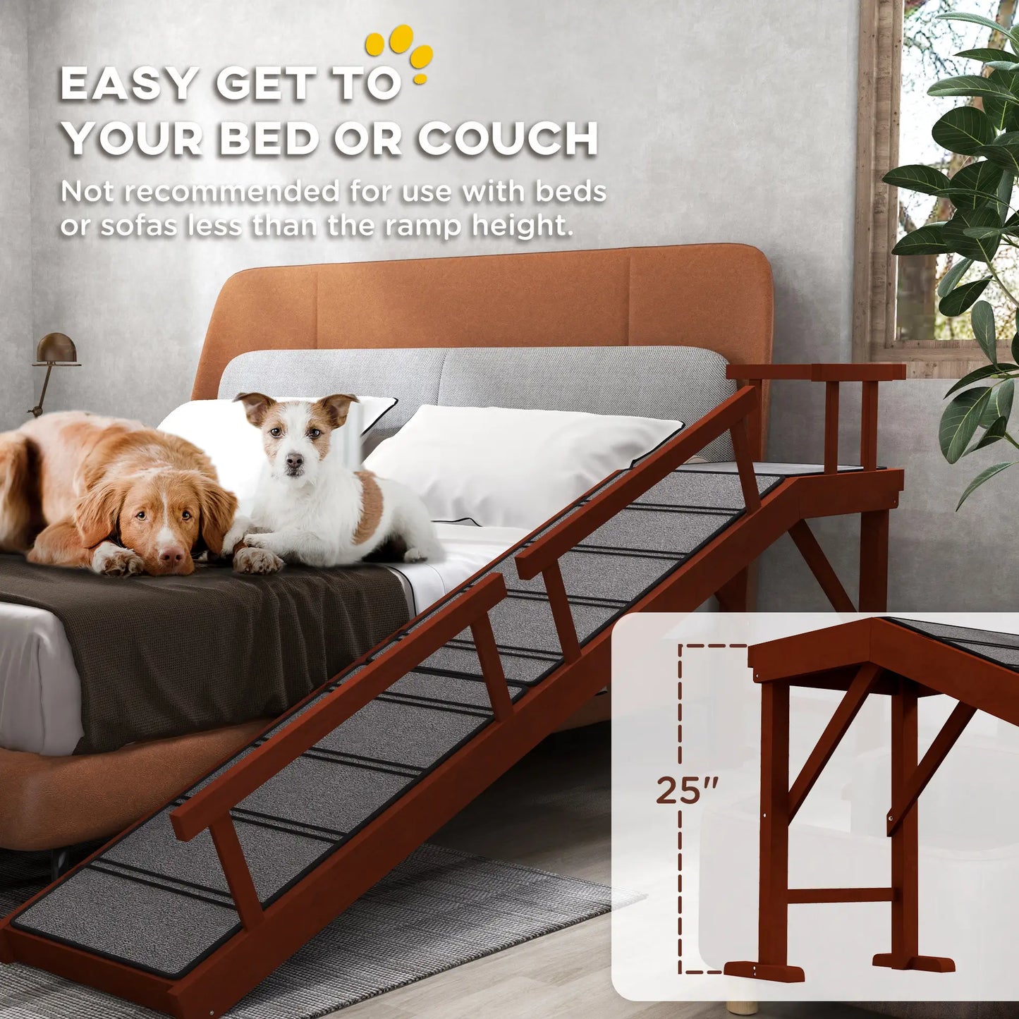 Wooden Dog Ramp, 73" Long, Non-Slip Rug, Removable Guardrails, Brown Dog Stairs at Gallery Canada