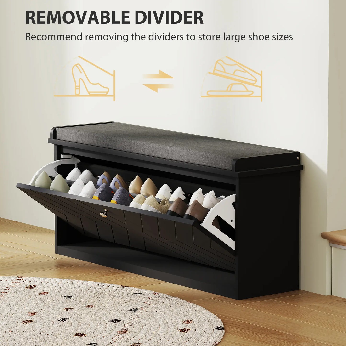 Upholstered Shoe Storage Bench with Flip Drawer, Adjustable Shelf, Fits 10 Pairs Shoe Storage Cabinets & Racks at Gallery Canada