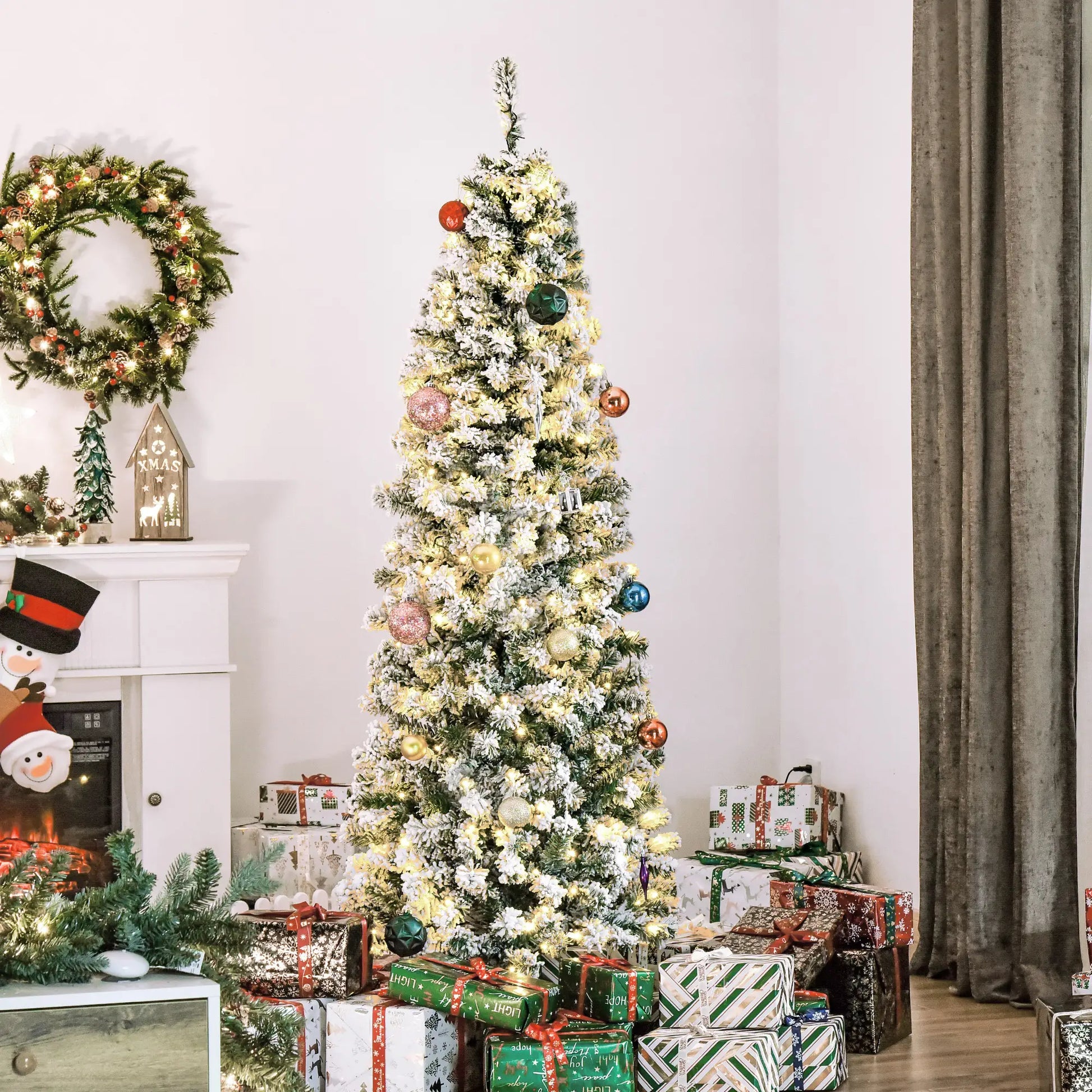 6ft Prelit Snow Flocked Pencil Christmas Tree, Warm White LED, Green Pre Lit Christmas Trees at Gallery Canada