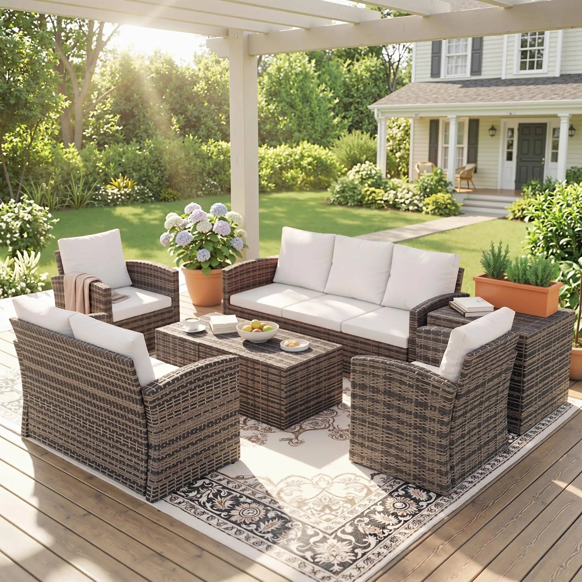 6-Piece Wicker Patio Furniture Set, 7-Seater with Cushions, Cream White Patio Furniture Sets at Gallery Canada