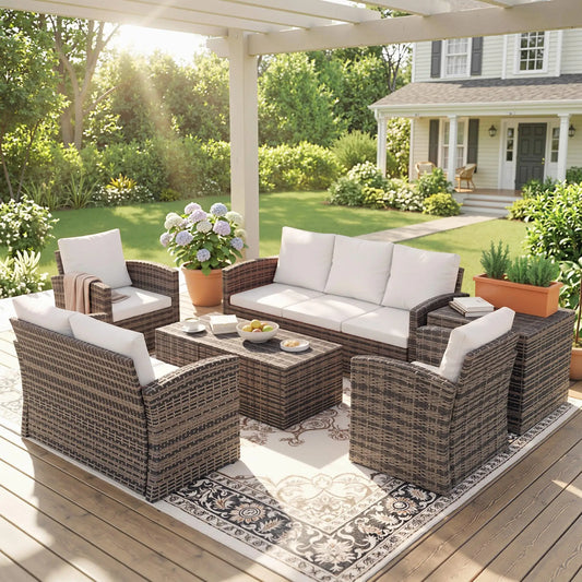6-Piece Wicker Patio Furniture Set, 7-Seater with Cushions, Cream White Patio Furniture Sets Mixed Brown Rattan, Cream White Cushion at Gallery Canada