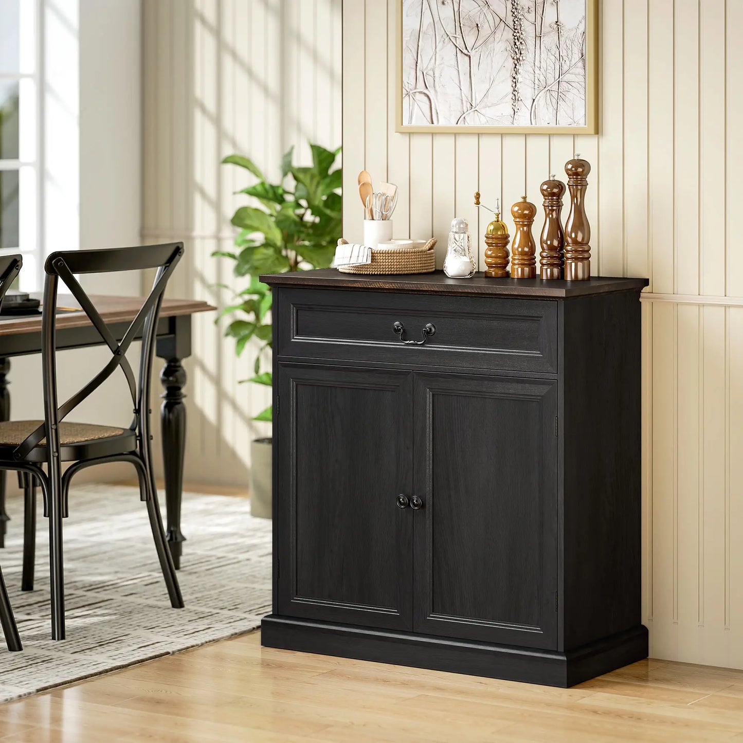 32" Buffet Cabinet, Black Wood Grain, Farmhouse Sideboard, Black Bar Cabinets at Gallery Canada