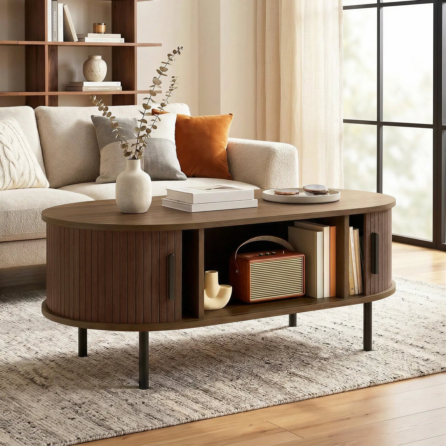 Coffee Table with Sliding Tambour Doors and Storage Center Table with Metal Legs, 39", Brown