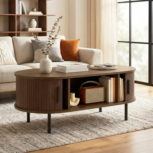 Coffee Table with Sliding Tambour Doors and Storage Center Table with Metal Legs, 39", Brown Coffee Tables Brown, Black at Gallery Canada