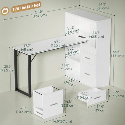 54" Computer Desk With Drawers, Power Outlets, LED Lights, White