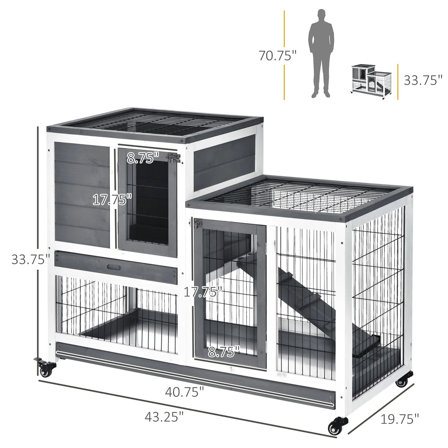 Wooden Rabbit Hutch, Indoor Bunny Cage with Wheels, Pull Out Trays, Run, Grey Rabbit Hutch at Gallery Canada