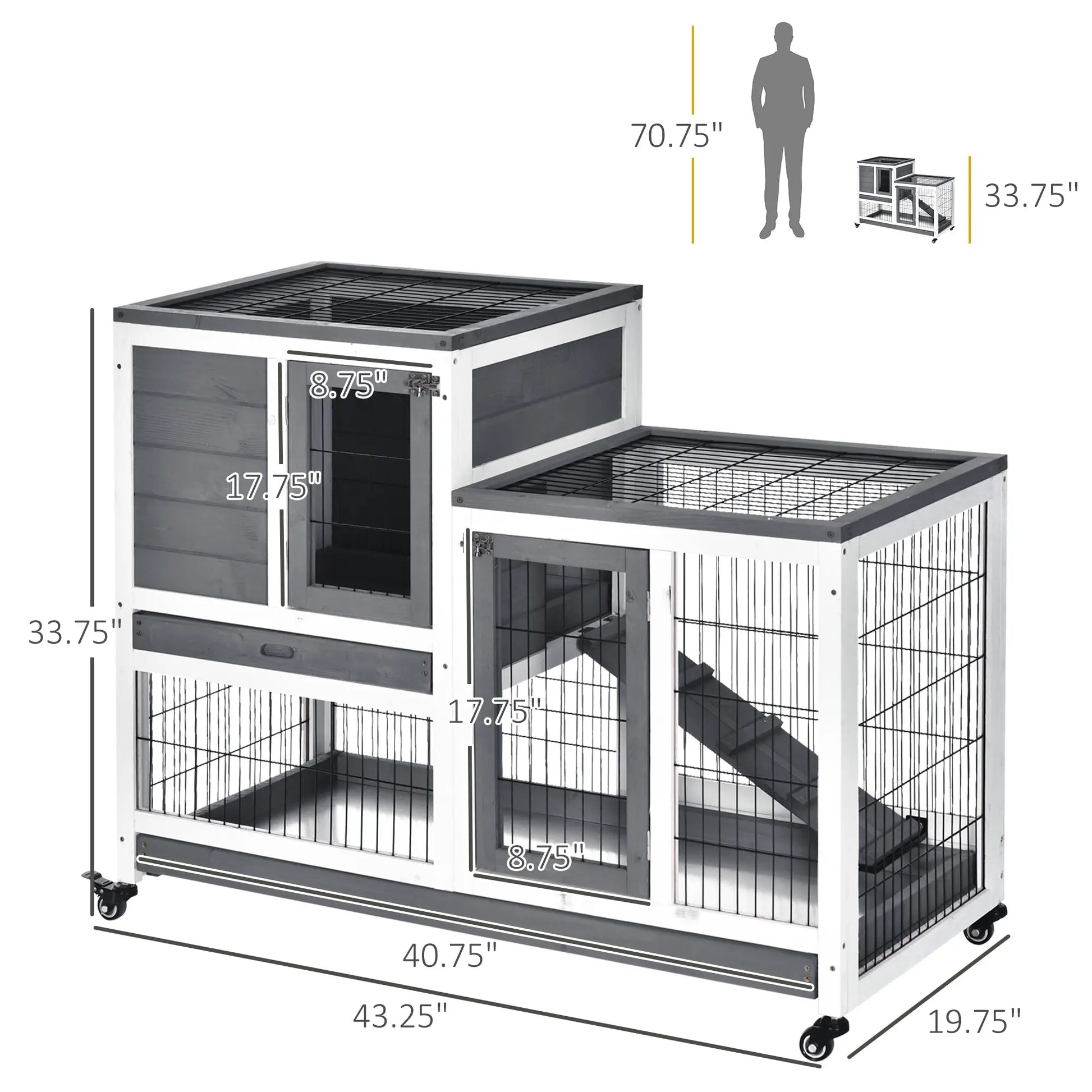 Wooden Rabbit Hutch, Indoor Bunny Cage with Wheels, Pull Out Trays, Run, Grey Rabbit Hutch at Gallery Canada