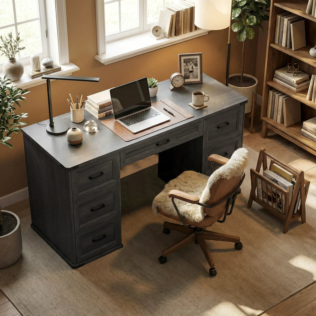 55" Computer Desk With 7 Drawers, Farmhouse Executive Desk, Black Wood Grain, Black Computer Desks at Gallery Canada