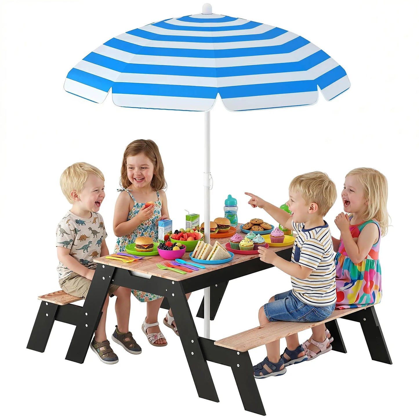 Kids Picnic Table with Umbrella, 3 in 1 Wooden Sand &; Water Table with 2 Hidden Play Boxes for Patio, Ages 3-6 Kids Outdoor Furniture Natural Wood, Black, Blue, White at Gallery Canada