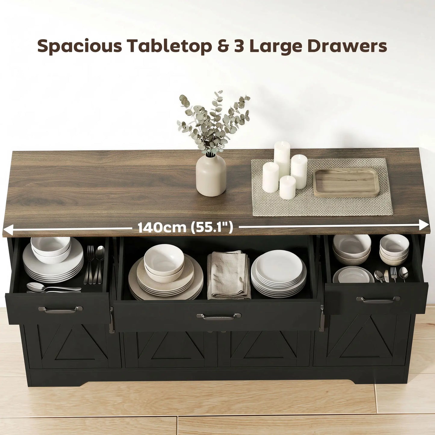 55" Sideboard Buffet Cabinet, Farmhouse Kitchen, 4 Barn Doors, 3 Drawers, Black Bar Cabinets at Gallery Canada