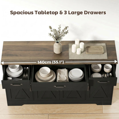 55" Sideboard Buffet Cabinet, Farmhouse Kitchen, 4 Barn Doors, 3 Drawers, Black Bar Cabinets at Gallery Canada