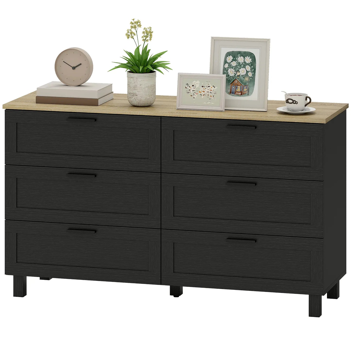 47" Wide Chest Of Drawers, Modern Dresser, 6 Drawers, Wood Legs, Black Storage Cabinets Black Wood Grain, Natural at Gallery Canada