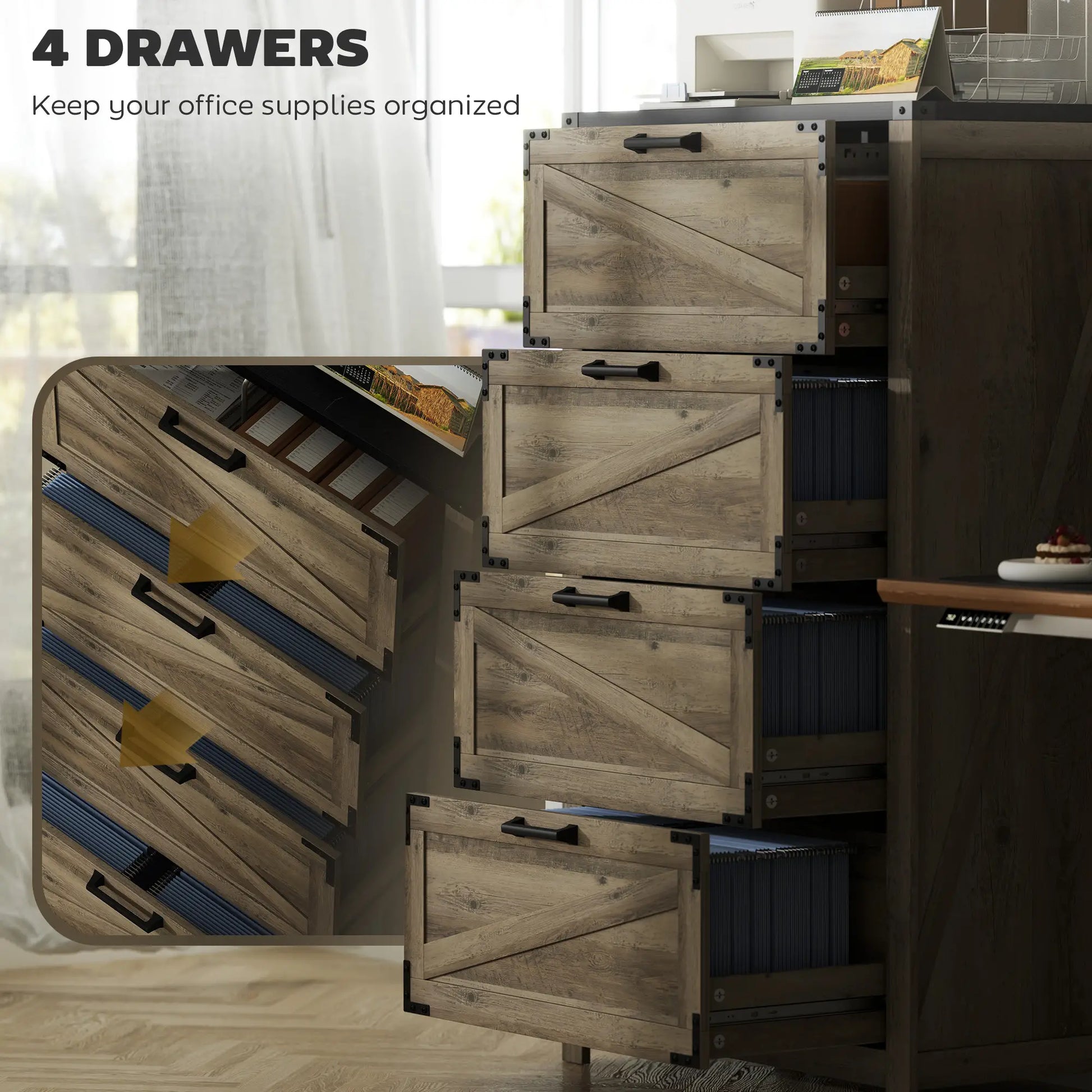 4 Drawer Filing Cabinet, Farmhouse Office Storage, Adjustable Hanging Bars, Letter, A4, Legal Size, Grey Office Cabinets & Cupboards at Gallery Canada