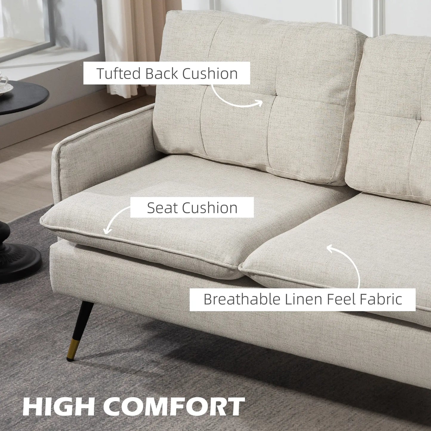 55" Loveseat, Fabric Sofa, Button Tufted Back, Steel Legs, Cream White 2-Seater Sofas at Gallery Canada