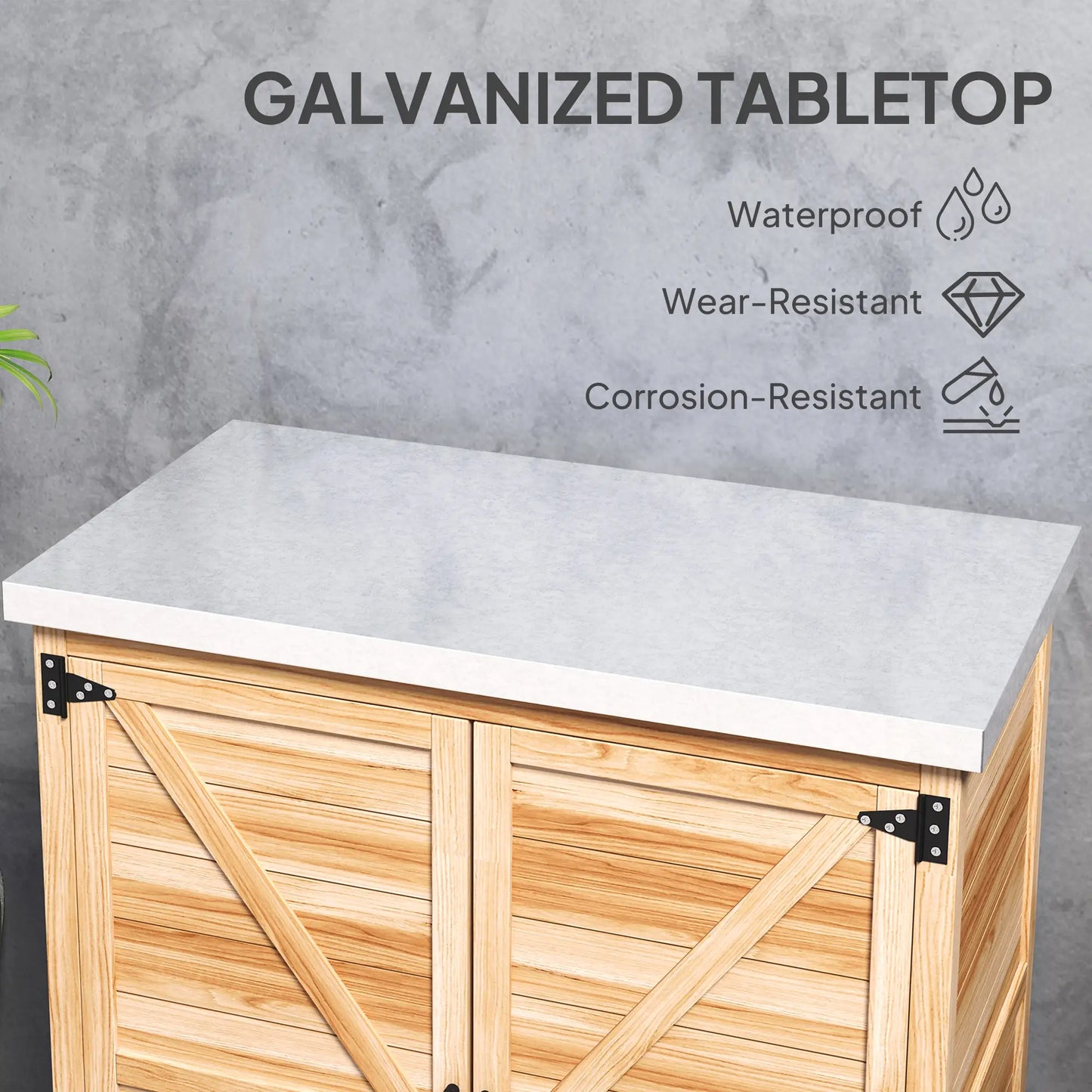 Outdoor Potting Bench Table, Metal Tabletop, Shelf, Double Doors, Natural Sheds at Gallery Canada