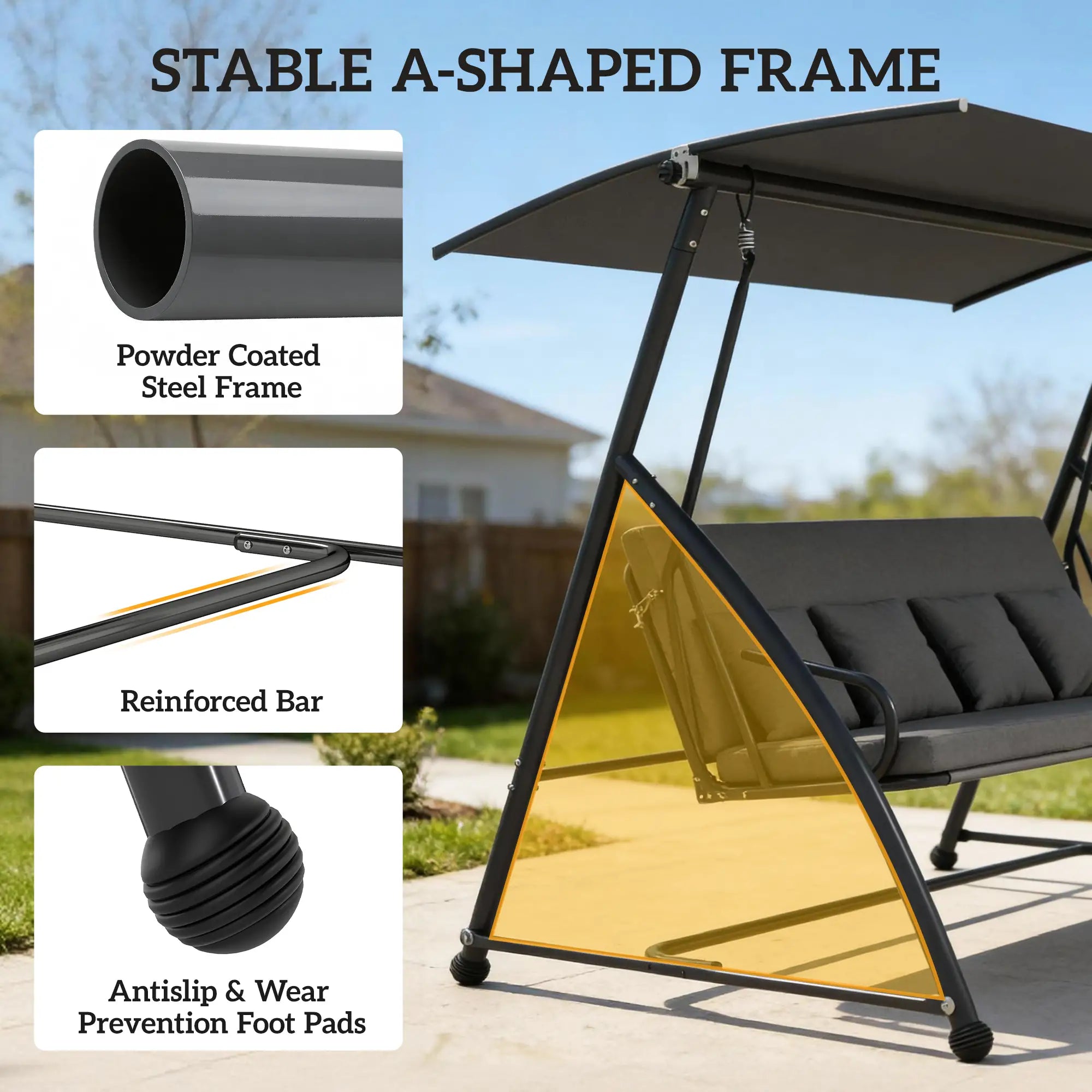 3 Person Patio Swing Chair, Convertible Hammock, Outdoor Lounge Bed, Dark Grey Porch Swings with Canopy at Gallery Canada
