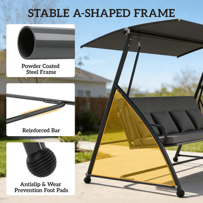 3 Person Patio Swing Chair, Convertible Hammock, Outdoor Lounge Bed, Dark Grey Porch Swings with Canopy at Gallery Canada