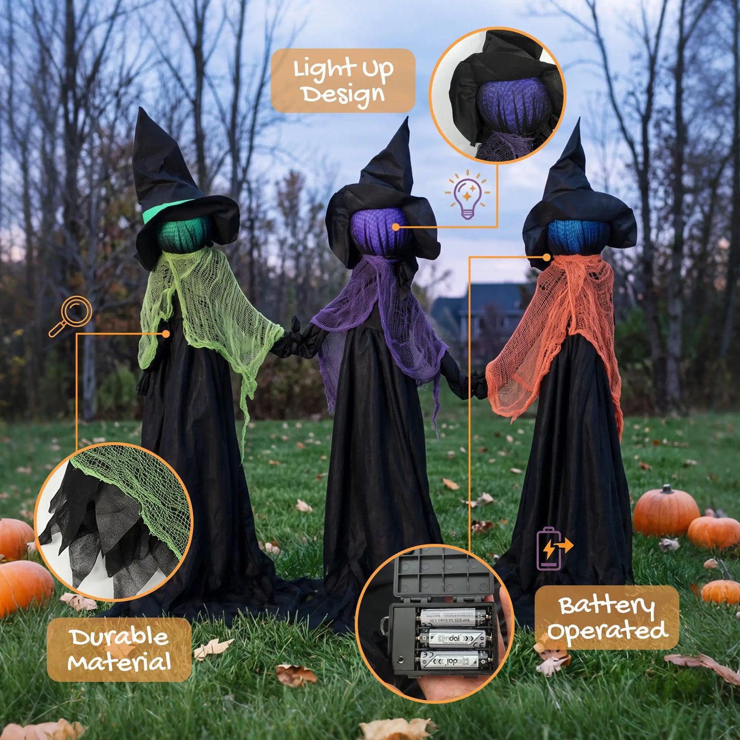 48" Witch Trio Yard Stake, Light-Up Multicolored Heads, Multicolored Halloween Decorations at Gallery Canada