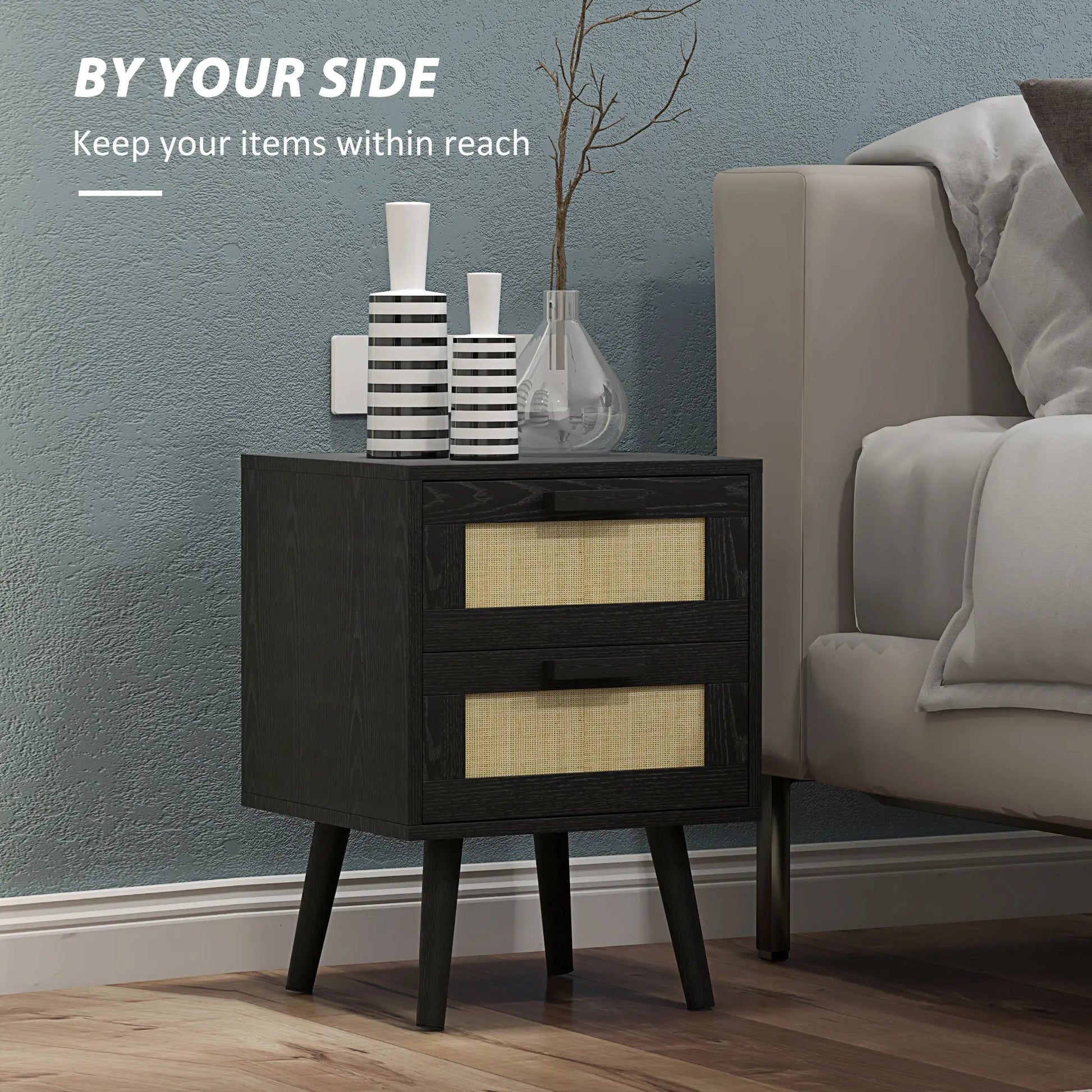 Boho Nightstands Set of 2, 2 Drawers, Bedroom Living Room, Black Bedside Tables at Gallery Canada