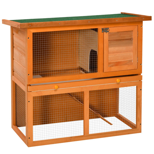 Wooden Rabbit Hutch, Small Animal Cage, 2-Level with Run Rabbit Hutch Vintage Yellow, Green at Gallery Canada