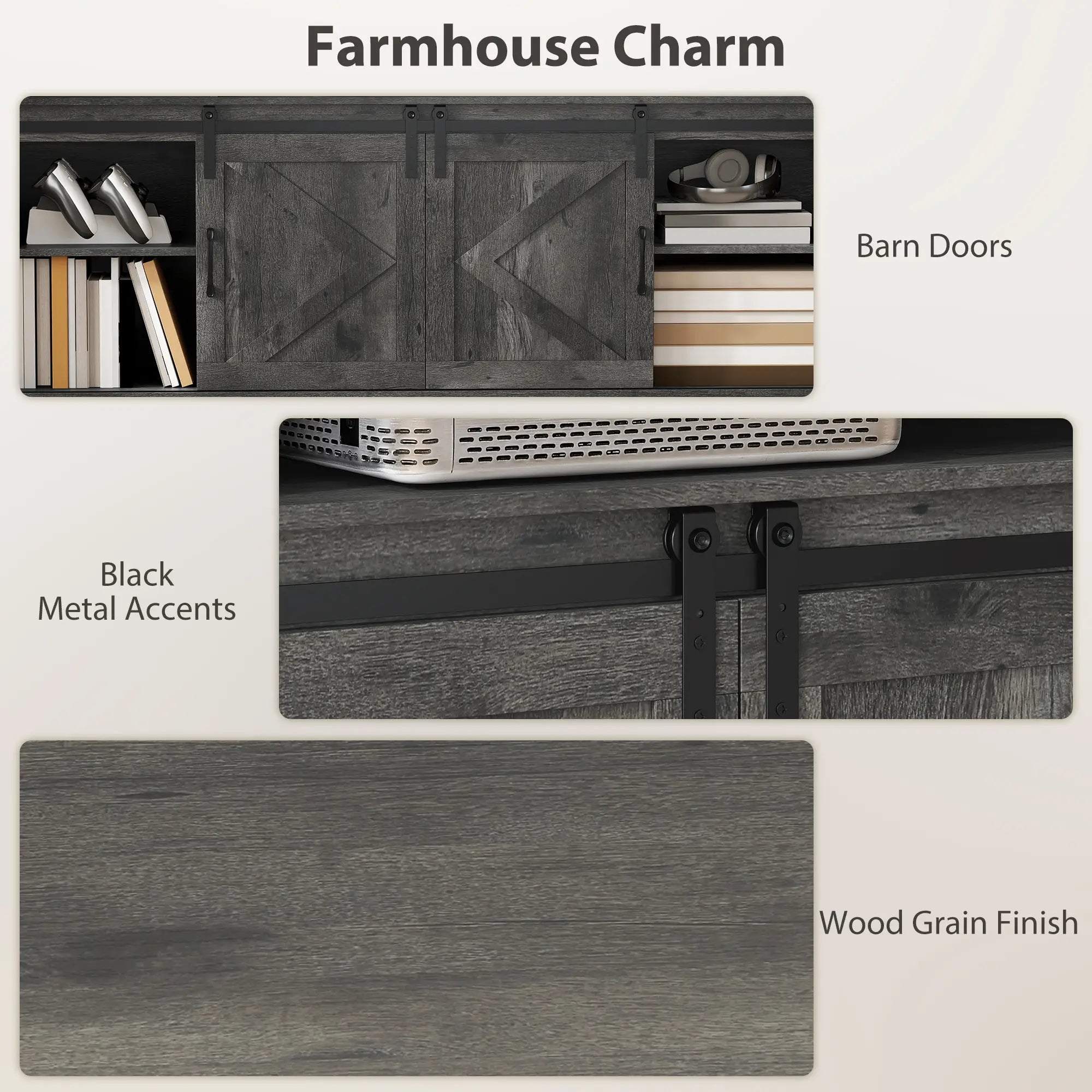 TV Stand For 72 Inch TVs, Power Outlets, Sliding Barn Doors, Dark Grey TV Stands at Gallery Canada