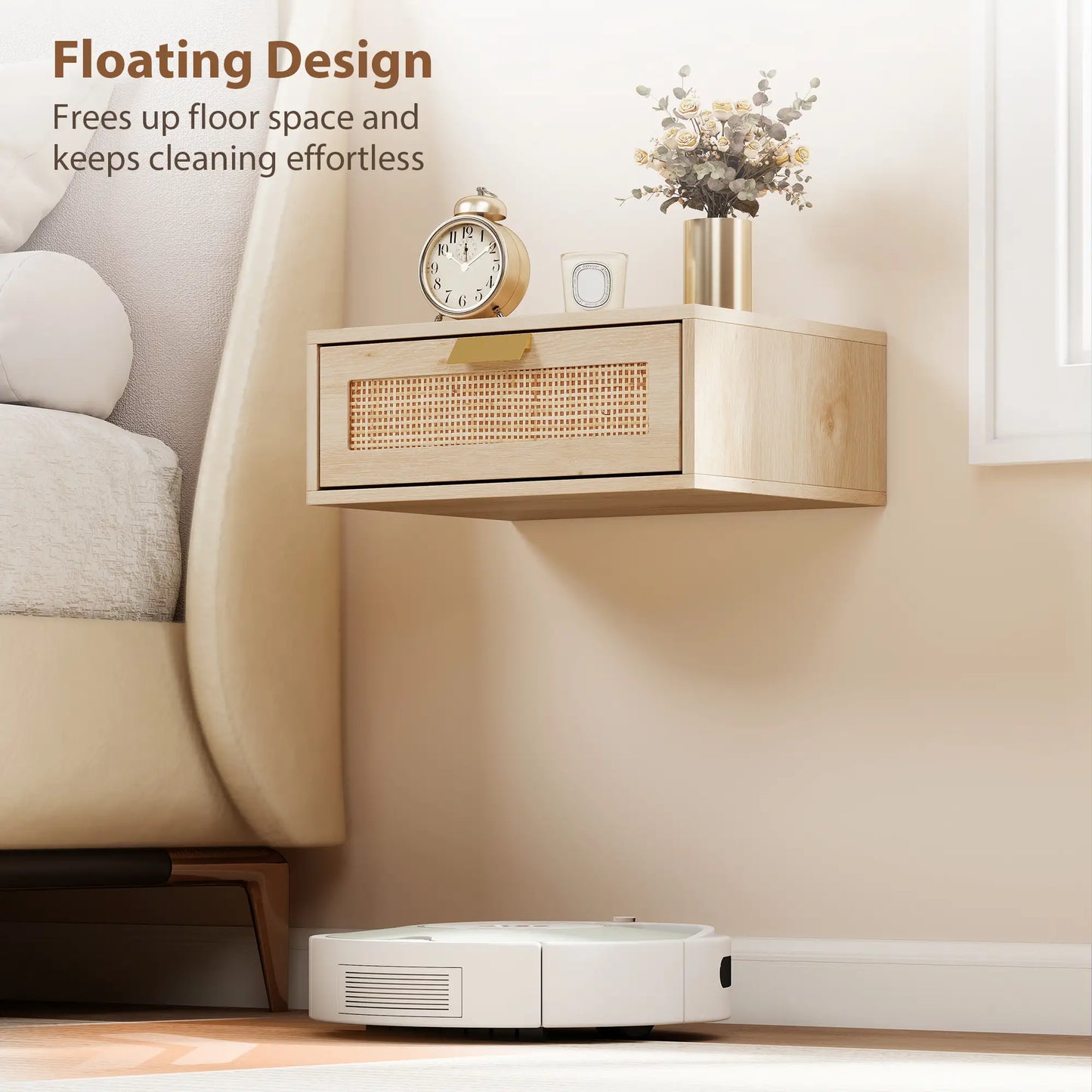 Floating Bedside Tables Set Of 2, Wall Mounted Nightstands, Rattan Drawer, Wood Effect, Oak Bedside Tables at Gallery Canada