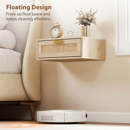 Floating Bedside Tables Set Of 2, Wall Mounted Nightstands, Rattan Drawer, Wood Effect, Oak Bedside Tables at Gallery Canada