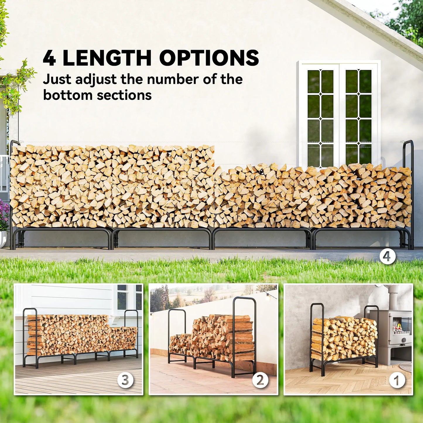 Firewood Rack with Waterproof Cover, 142" x 14" x 39", Dark Green Firewood Racks at Gallery Canada