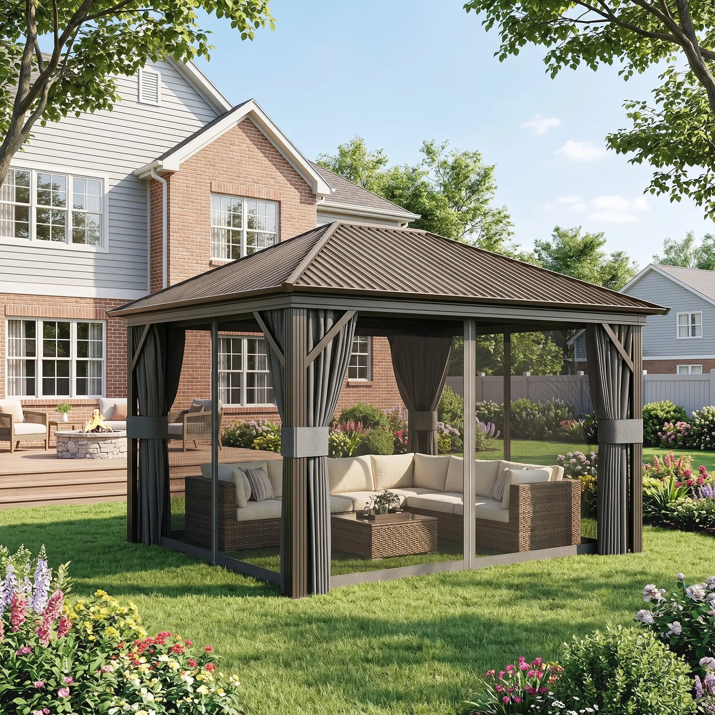 10' x 12' Hardtop Gazebo, Metal Roof, Aluminum Frame, Mesh Nettings, Dark Grey Gazebos at Gallery Canada