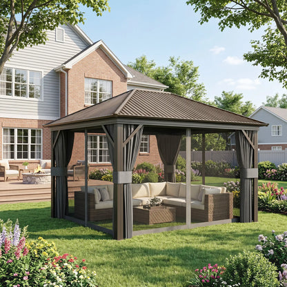 10' x 12' Hardtop Gazebo, Metal Roof, Aluminum Frame, Mesh Nettings, Dark Grey Gazebos at Gallery Canada