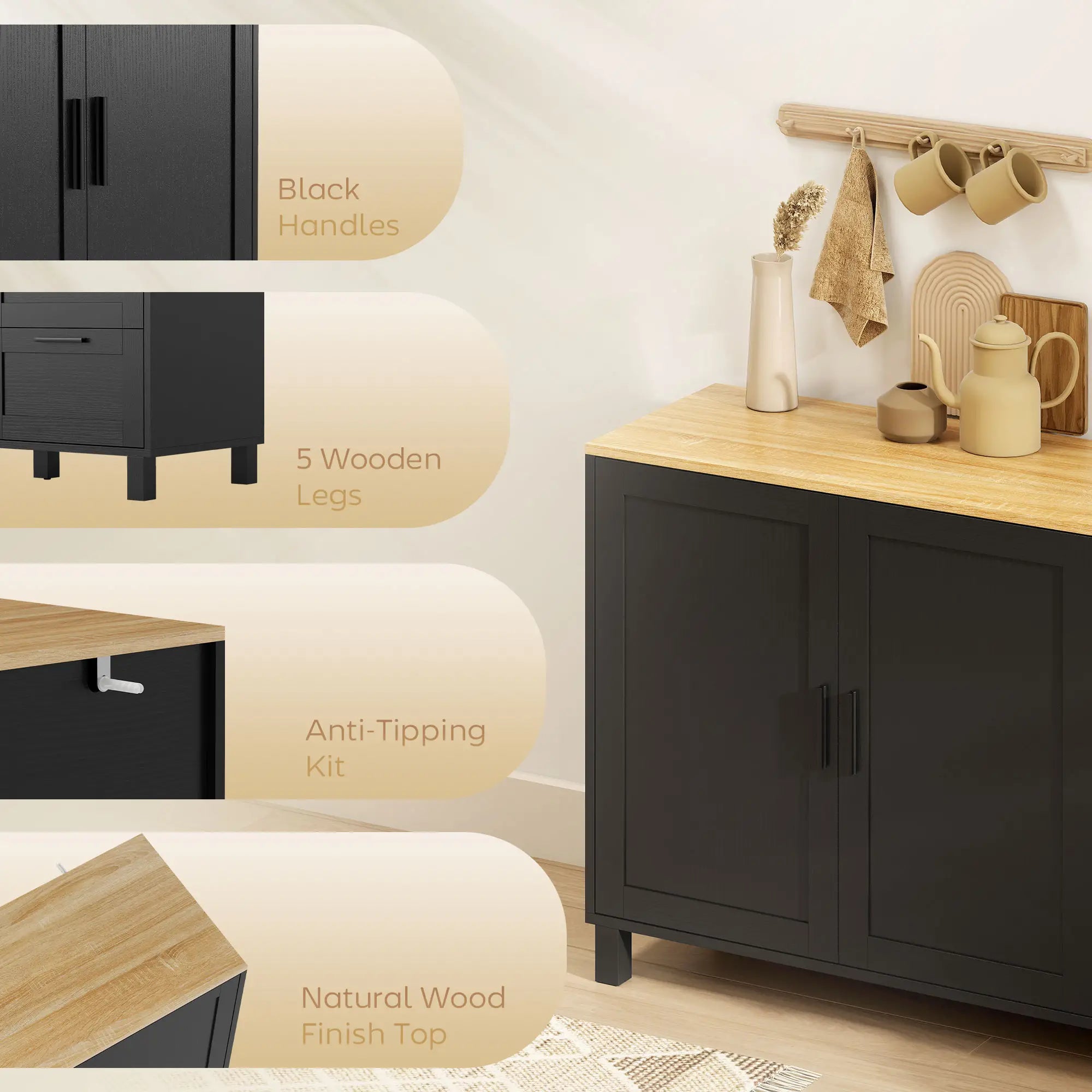 Buffet Cabinet with Soft Close Doors, Modern Sideboard with 3 Drawers, Black Storage Cabinets at Gallery Canada