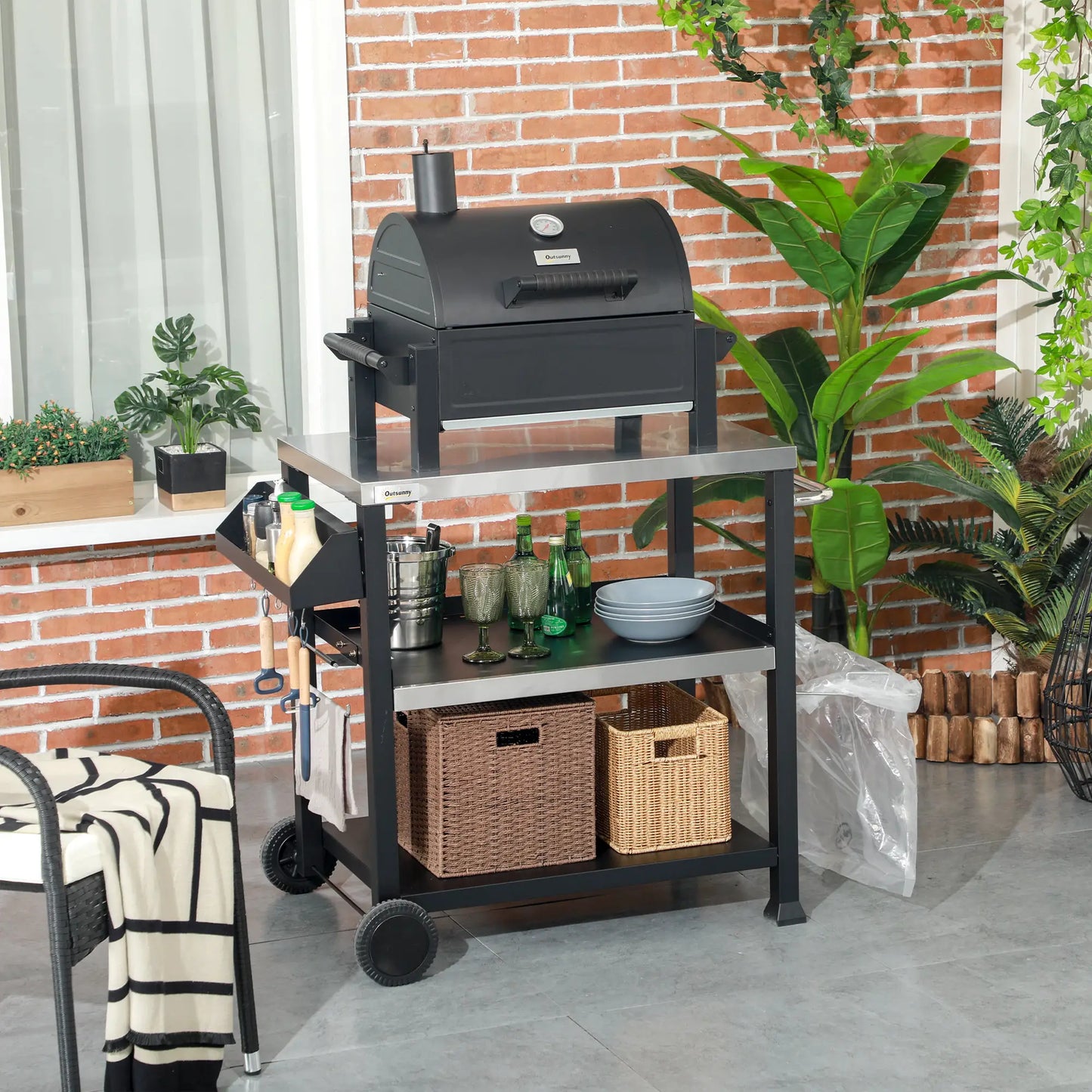 3-Shelf Outdoor Grill Cart, Stainless Steel Pizza Oven Stand On Wheels, Black Outdoor Grill Carts at Gallery Canada