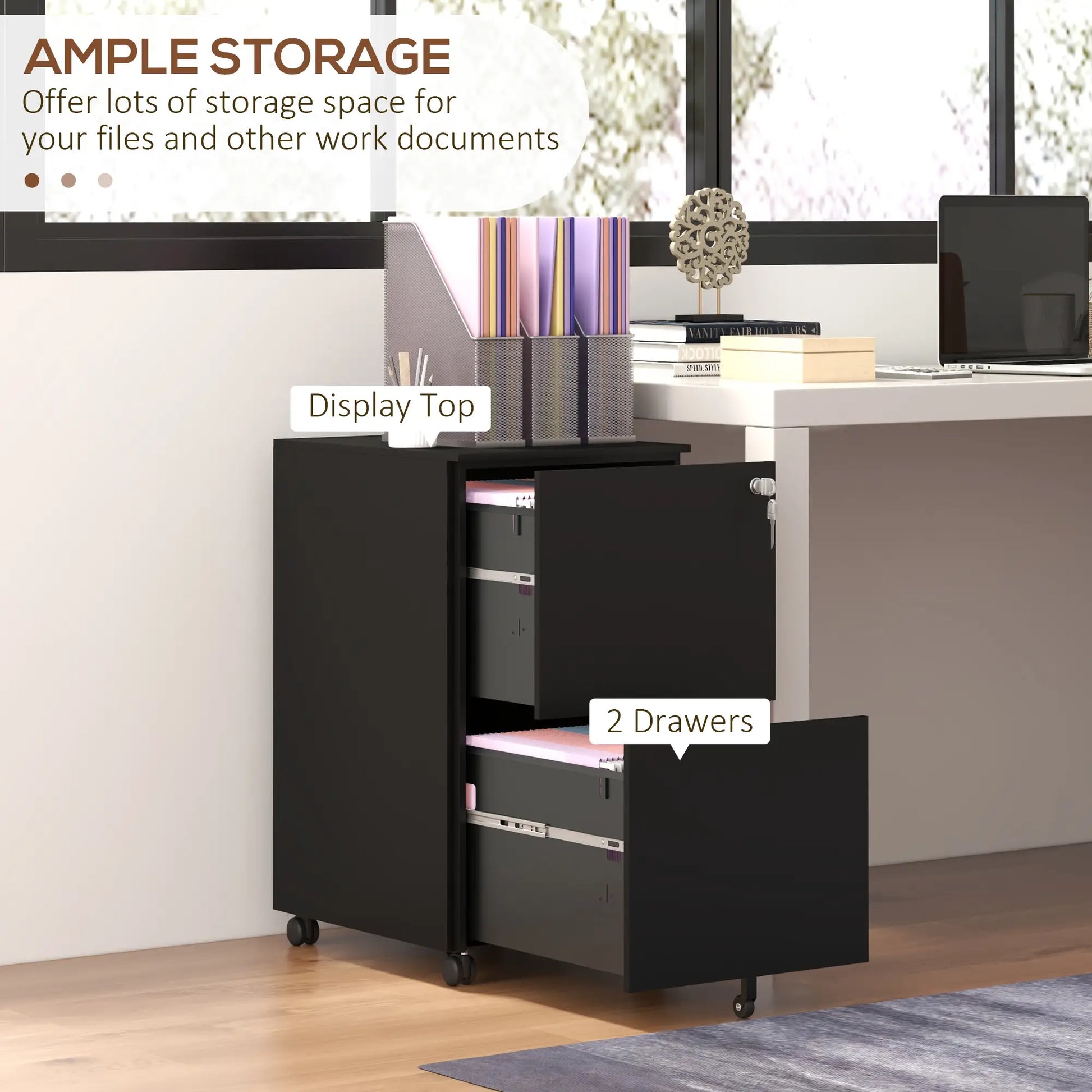 2-Drawer Steel Filing Cabinet on Wheels, Lockable, Adjustable Hanging Bar, Black Office Cabinets & Cupboards at Gallery Canada
