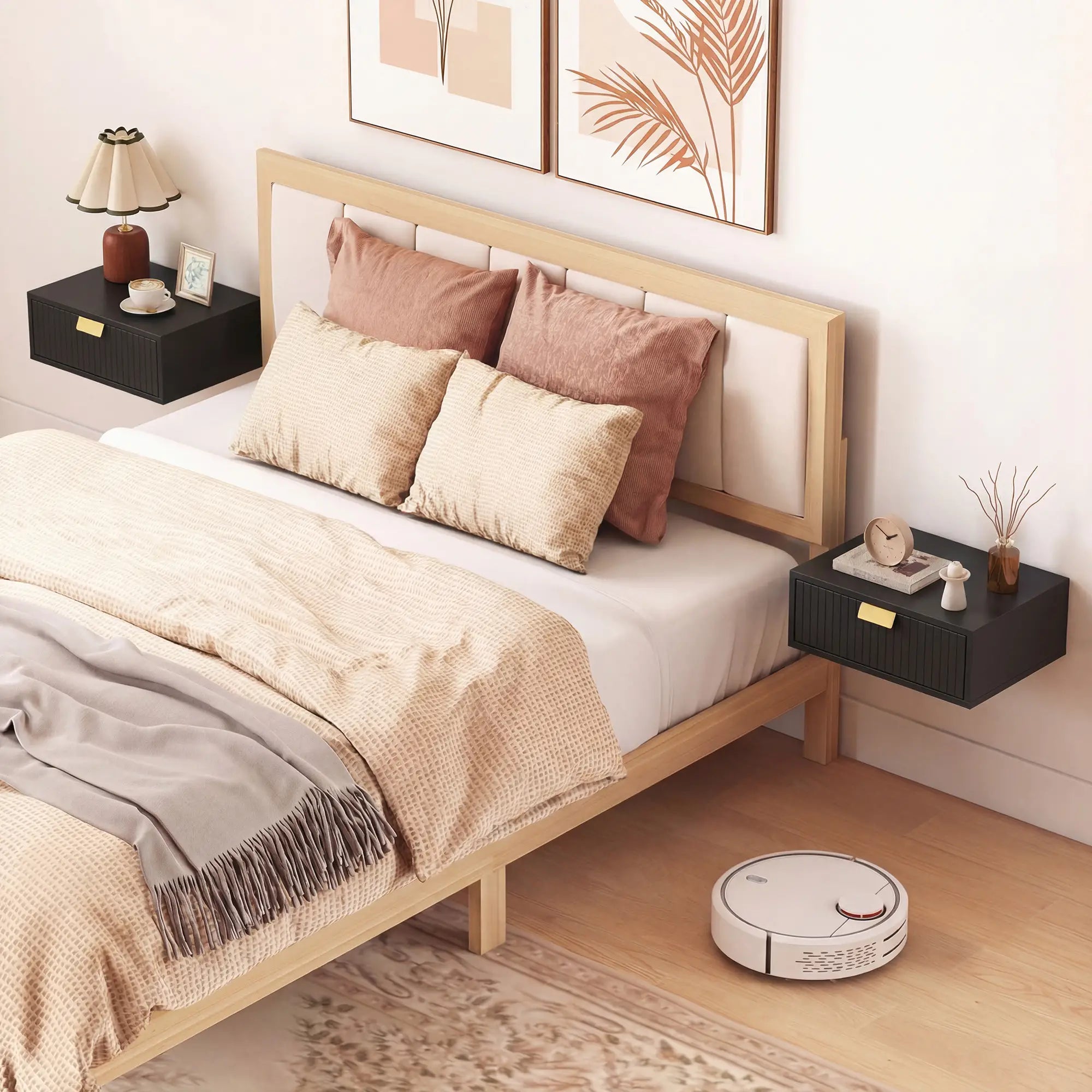 Modern Floating Nightstands, Set of 2, Wall Mounted, Wave Drawer, Black Bedside Tables at Gallery Canada